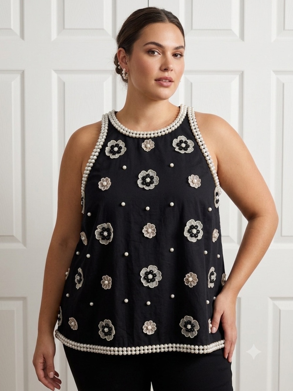 Maeve Black Tank Top with Cream Pearl Trim & Floral Appliques